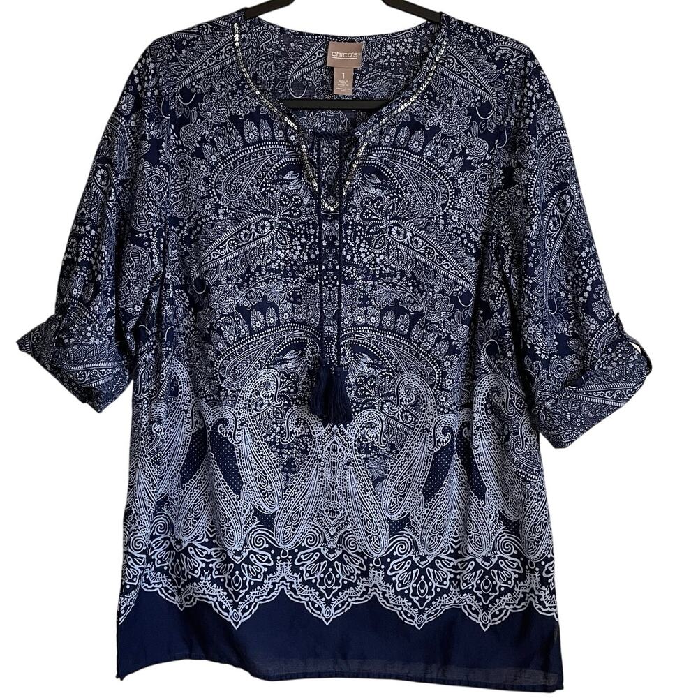 Chico’s Cotton Tunic Top Sz M Tassels Blue Sequins Beading Boho Casual